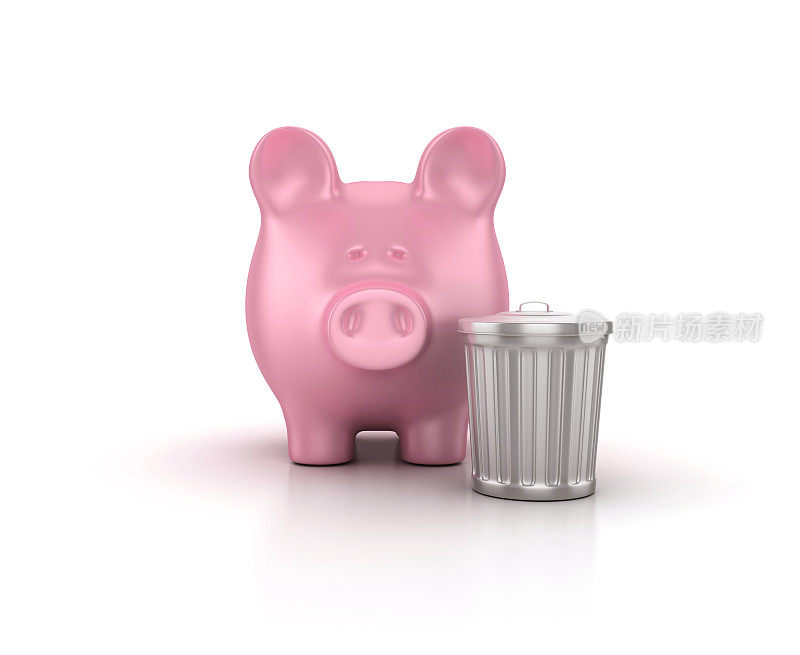 垃圾桶与小猪银行- 3D渲染